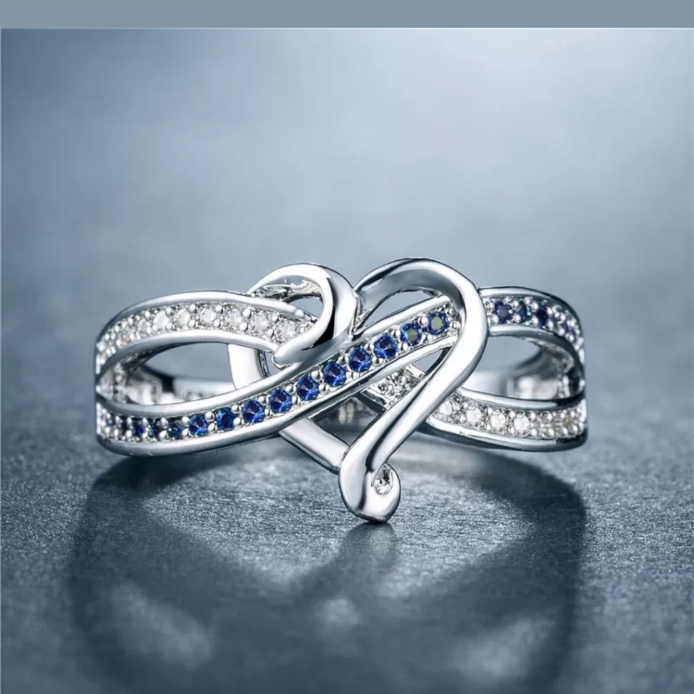 Beautiful Romantic Silver Heart Blue Sapphire Ring